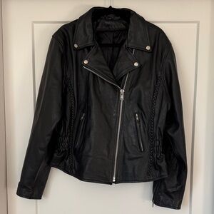 Black Leather Women's Moto Jacket with Silver Stud and Braided Detail